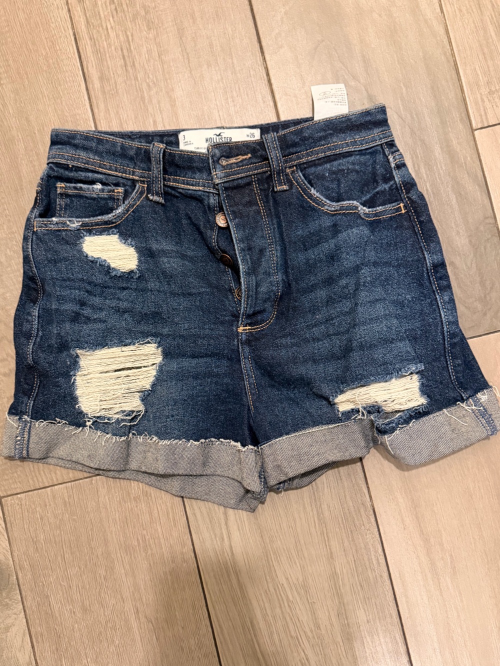 Hollister Dark Blue Distressed High-Rise Denim Shorts - Picture 2 of 4